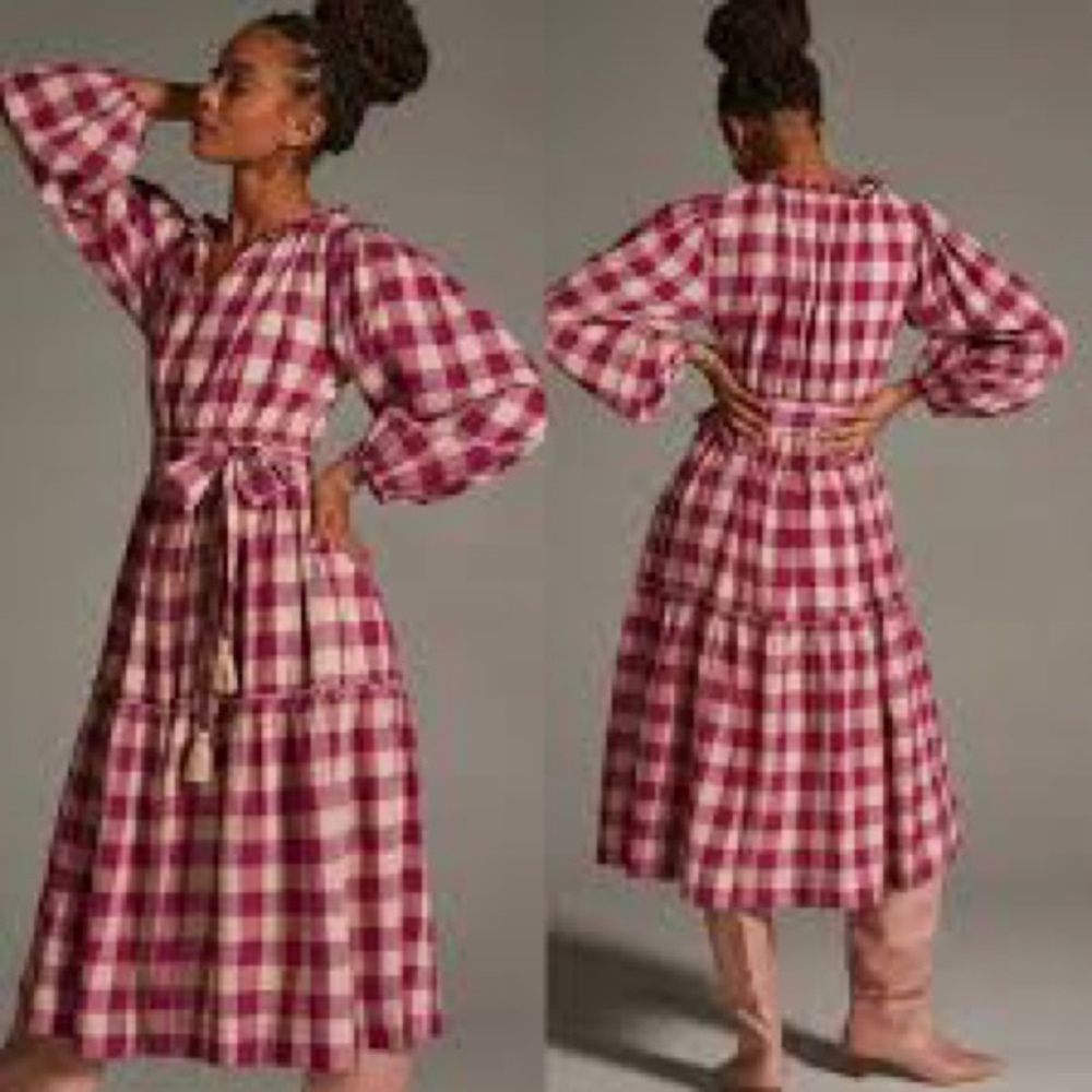 Mille Pink Plaid Tie Waist Long Sleeve Midi Dress NWT Size L